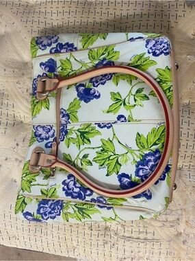 Tignanello Blue & Green Floral Leather Tote with Pink-Tan Handles
